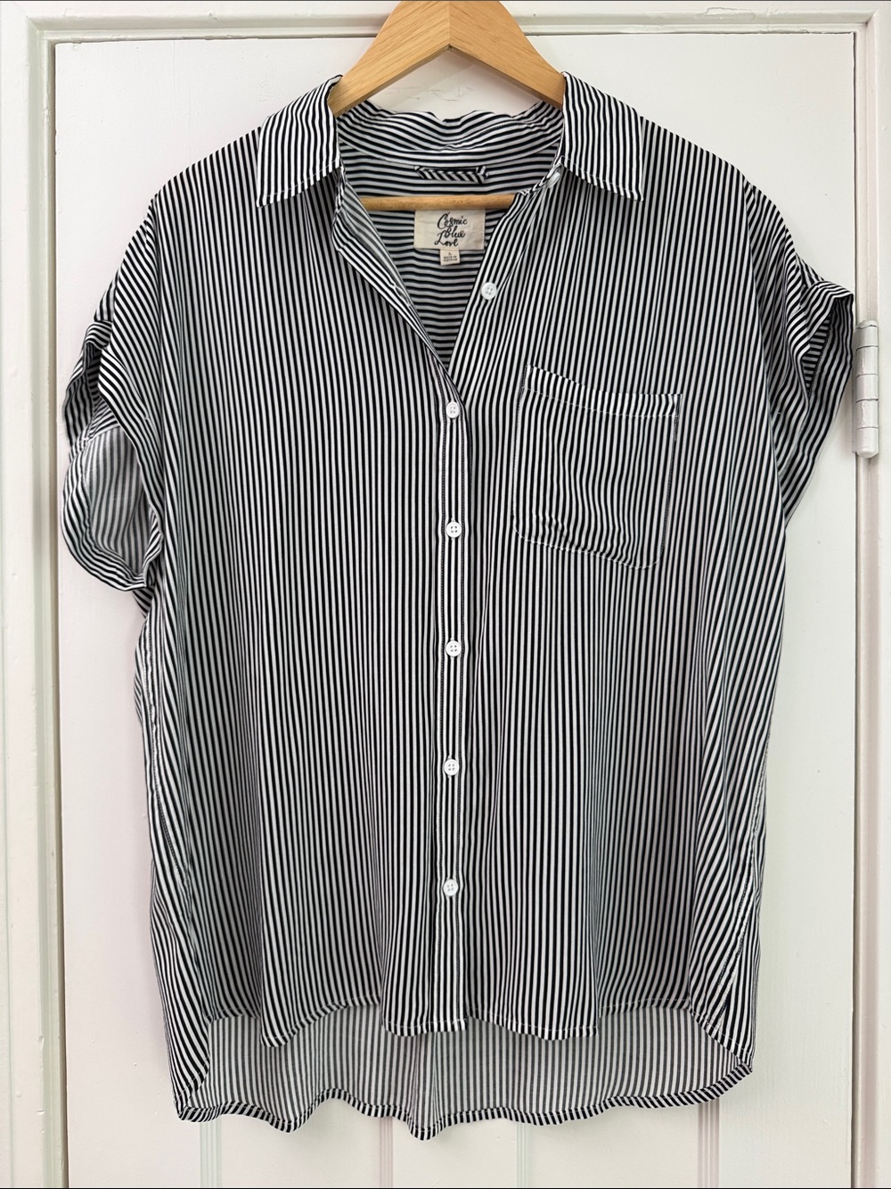 Cosmic Blue Love Short-Sleeve Vertical Stripe Blouse - Black/White L